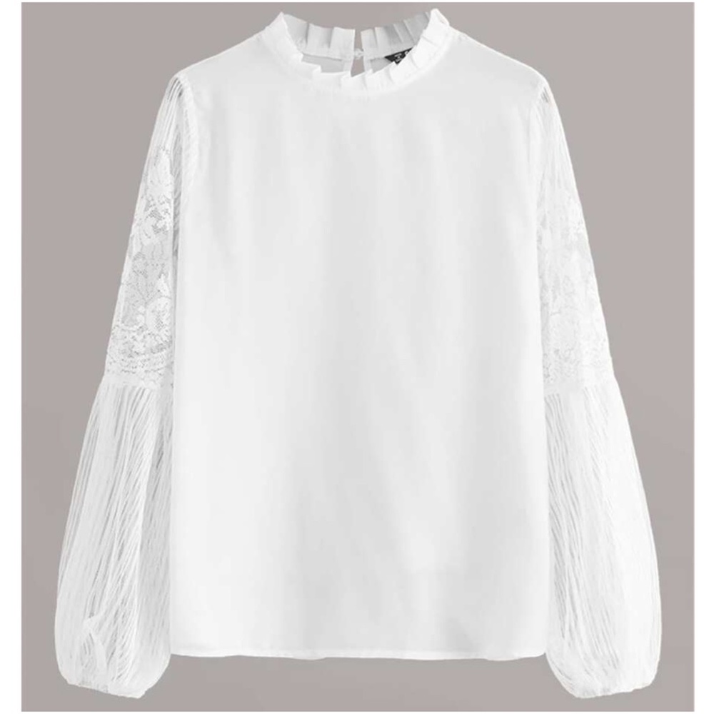 black mock neck lace sheer sleeve boho top - Picture 7 of 12
